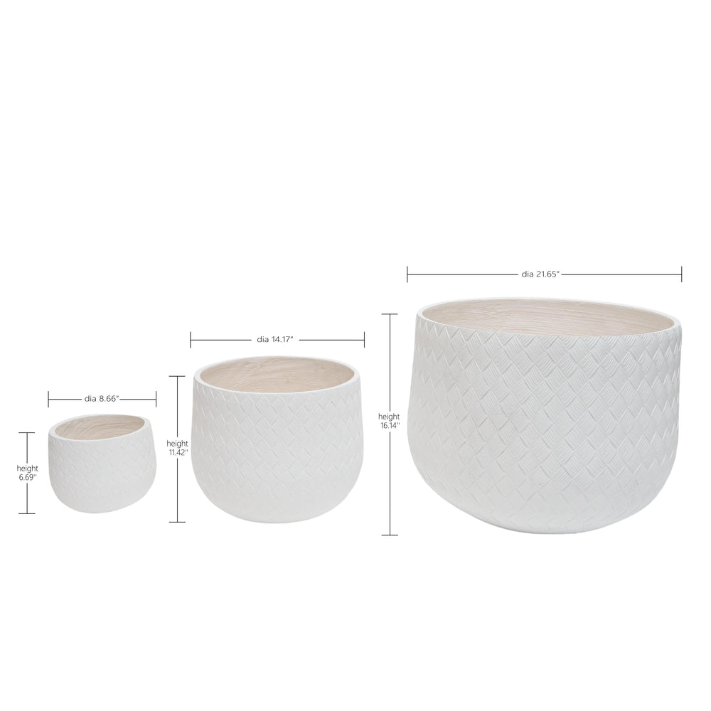 Assorted Sizes Magnesium Oxide Round Planter,21.65''+14.17''+8.66'' Dia Set of 3 Planter,Outdoor Indoor Plant Pot with Drainage Hole, White Color  with Weaving Pattern Planter for Home Garden Patio Media 6
