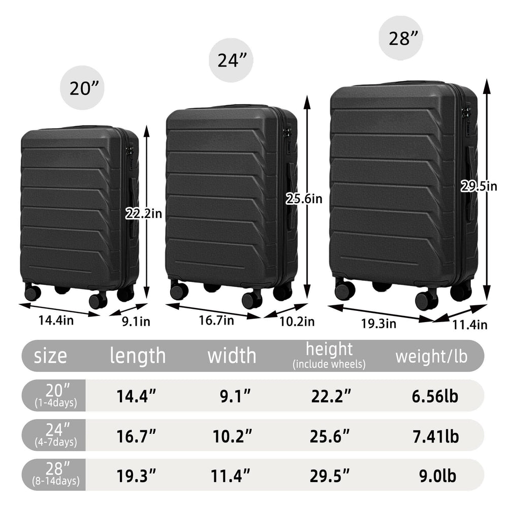 ABS Luggage Set 20 24 28 Inch Spinner Wheels Black Durable 3-Piece & Combination Lock Media 3