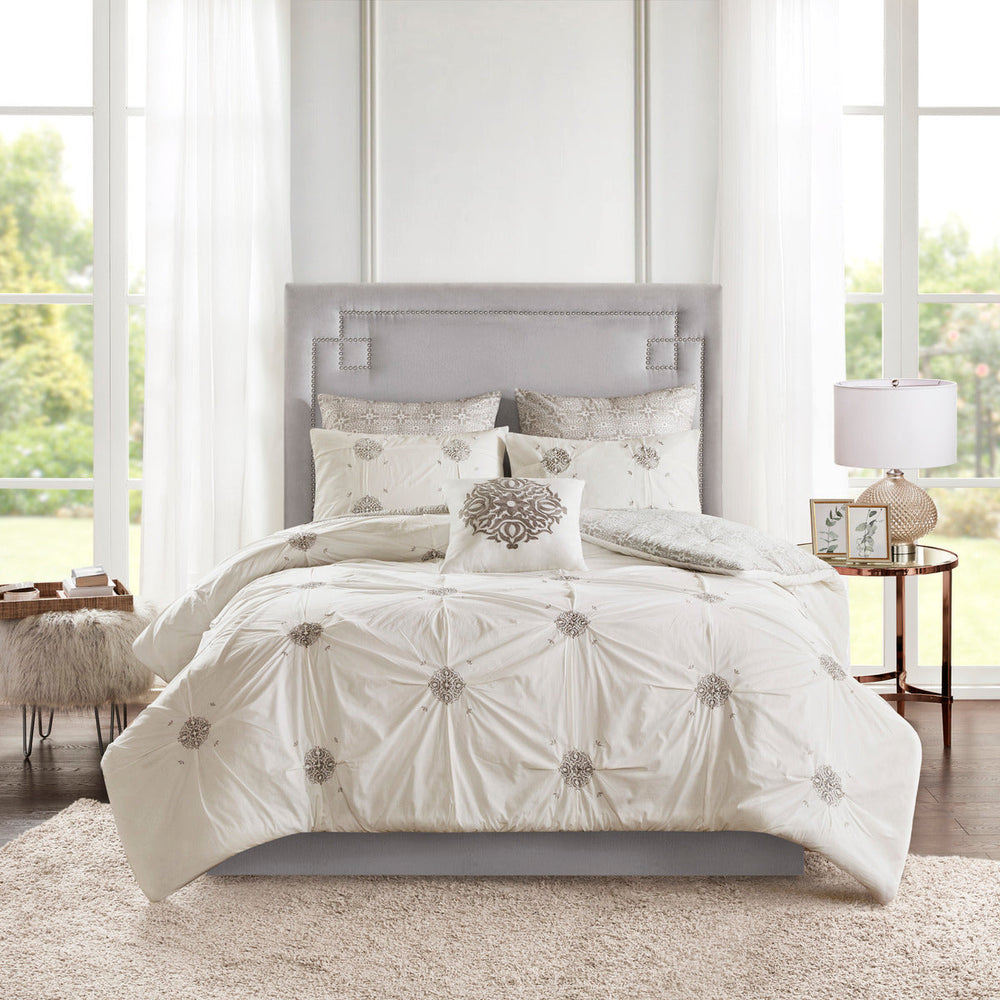 6 Piece Embroidered Cotton Reversible Comforter Set Ivory King/Cal King Media 13
