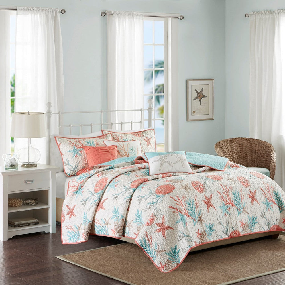 6 Piece Cotton Sateen Quilt Set with Throw Pillows Coral Full/Queen Media 1