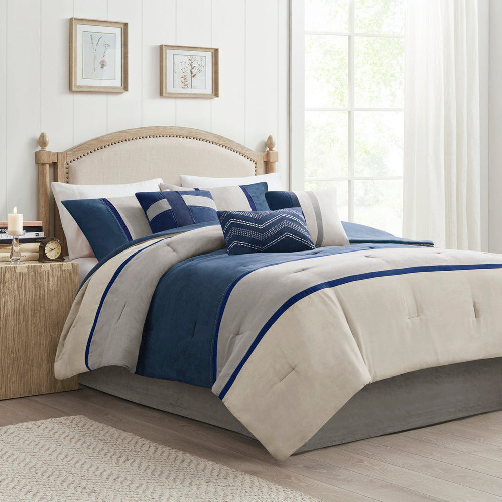 7 Piece Faux Suede Comforter Set Blue Cal King Media 1