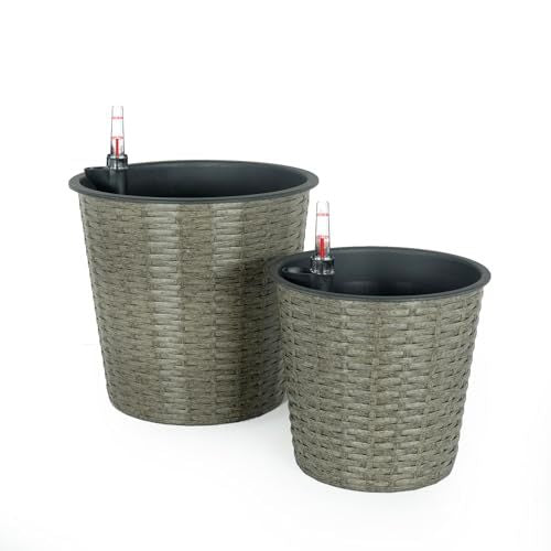 2-Pack Self-watering Wicker Decor Planter for Indoor and Outdoor - Round - Grey Media 6