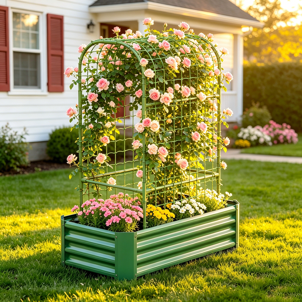 2-in-1 Raised Garden Bed with Trellis - 59' Tall Arch Planter Box for Climbing Plants, Outdoor Galvanized Metal Gardening Bed for Vegetables, Fruits, Flowers (Green, 4x2x1 Ft) Media 3