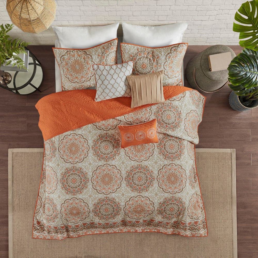 6 Piece Reversible Quilt Set with Throw Pillows Orange Full/Queen Media 14