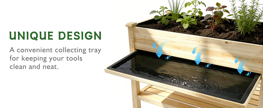 Raised Garden Bed 48x23x31.1-inch Elevated Wood Planter with Water Collection Tray, Storage Shelf, Protective Liner Media 16