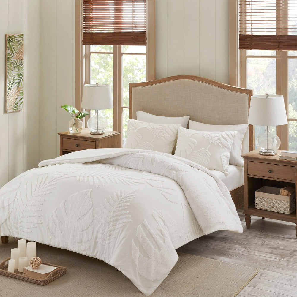 3 Piece Tufted Cotton Chenille Palm Comforter Set Off-White King/Cal King Media 1