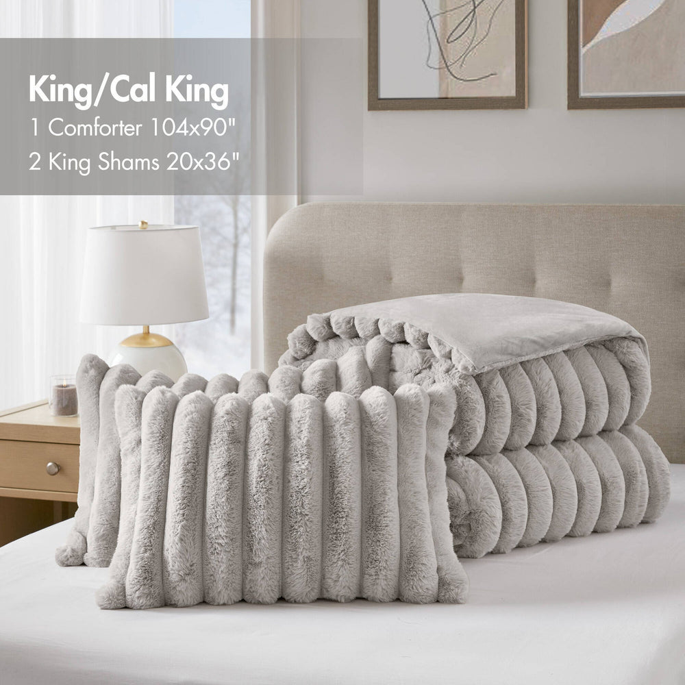 3 Pieces Full/Queen  soft Faux Fur Ribbed Comforter Set,Light Gray Media 5