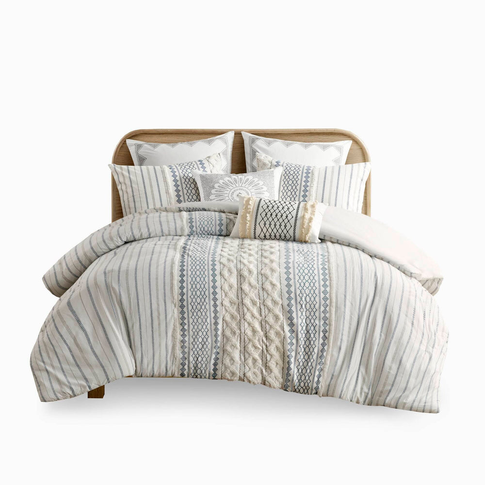 Cotton Printed Comforter Set with Chenille White/Navy King/Cal King Media 14