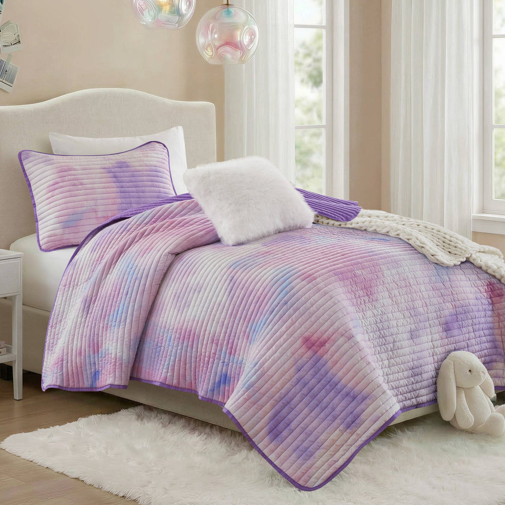 3 Pieces Twin/Twin XL Watercolor Tie Dye Printed Quilt Set with Throw Pillow,Purple Media 1