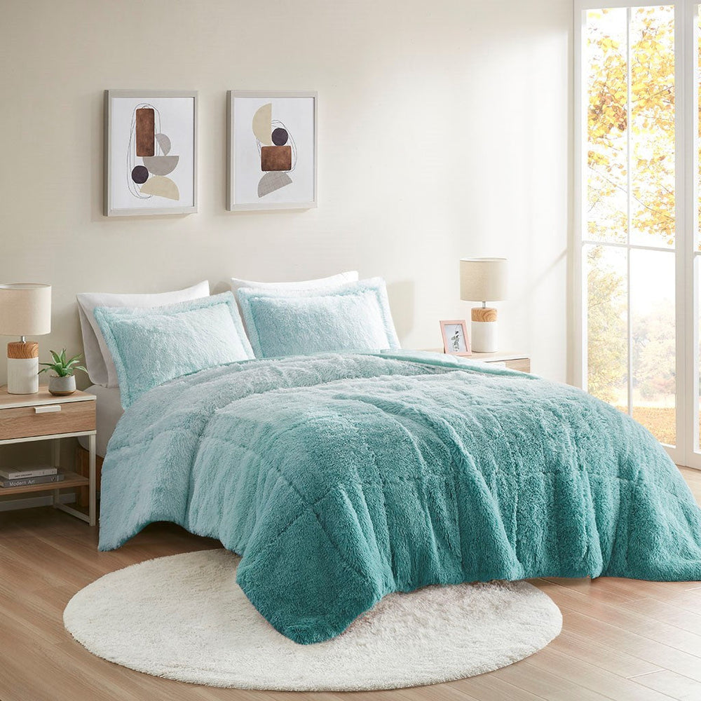King/Cal King Ombre Shaggy Long Fur Comforter Mini Set Media 1