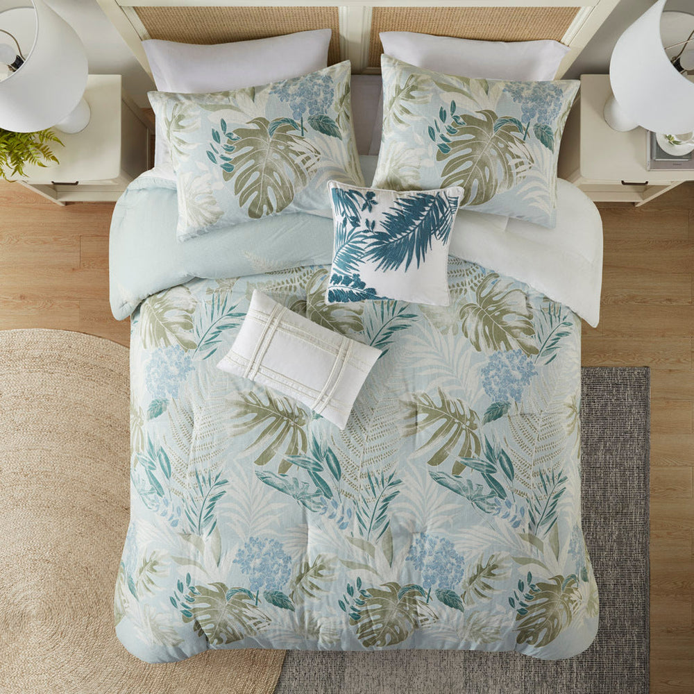 6 Piece Oversized Cotton Comforter Set with Throw Pillow Blue Queen Media 2