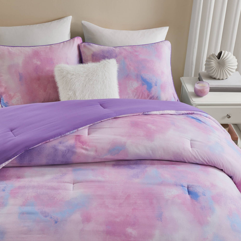 4 Pieces Full/Queen Watercolor Tie Dye Printed Comforter Set with Throw Pillow,Purple Media 17