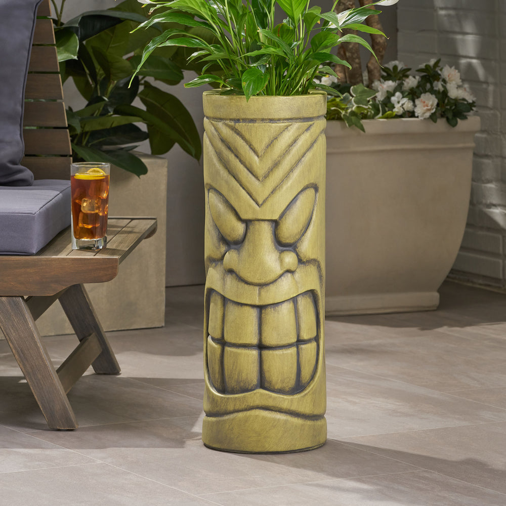 Stone Statue Urn Planter, Decorative Face Plant Pot, Antique Green Finish Media 1