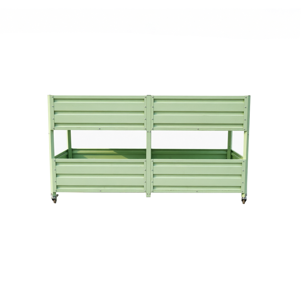 Dual Tier Elevated Metal Raised Garden Bed with Lockable Wheels, Staggered 2-Layer Raised Planter Box for Vegetables Herbs Flowers, Outdoor Patio Backyard Green Planting Bed,Green Media 19