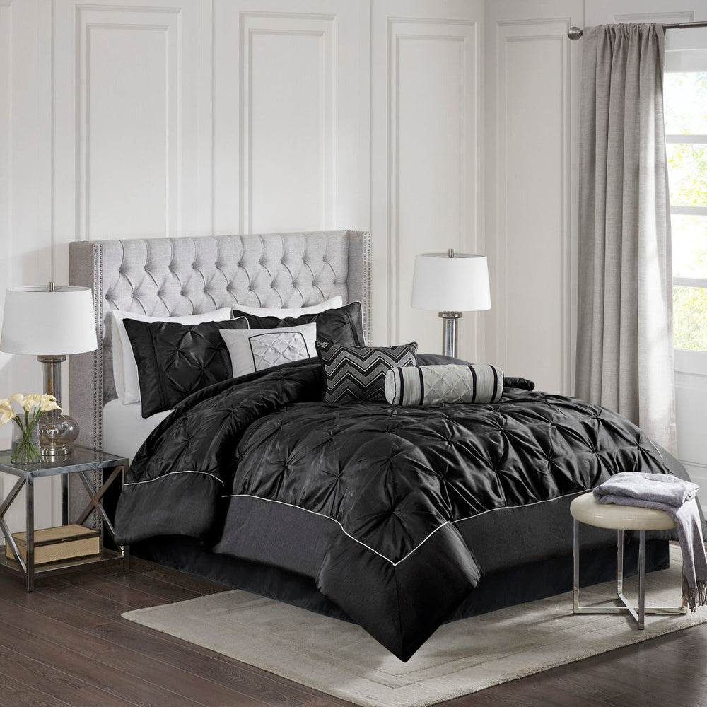 7 Piece Tufted Comforter Set Black Cal King Media 1