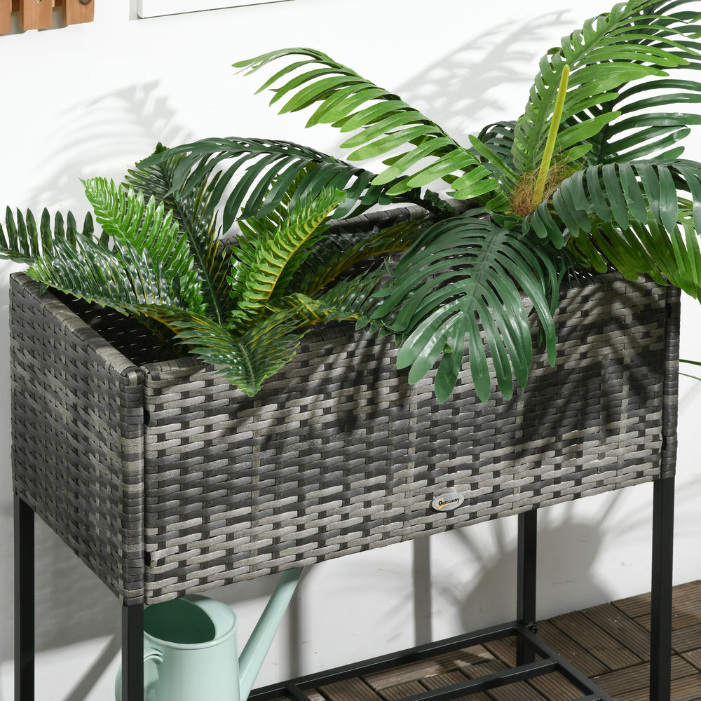 Outsunny Raised Garden Bed, Elevated Planter Box with Rattan Wicker Look, Tool Storage Shelf, Portable Design for Herbs, Vegetables, Flowers, Gray Media 5