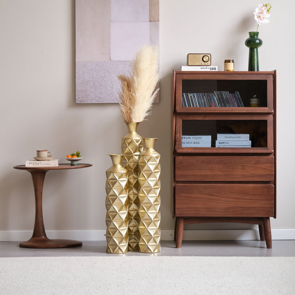 Metal Decorative Vase High Distress Metal Center Vase With 3D Triangle Pattern, Set Of 3 Vases for Home Decoration 33.5', 29.5', 25.2'High, Gold Media 14
