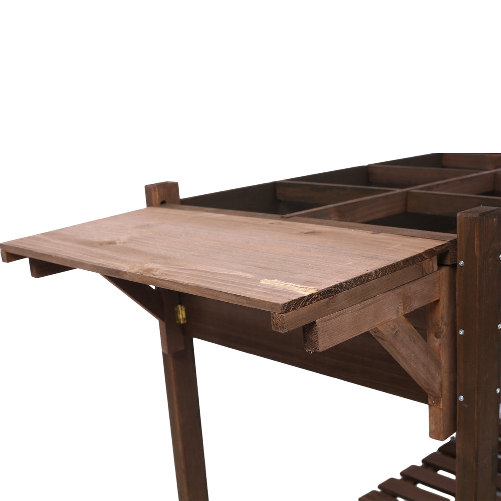 8 Pockets Horticulture Raised Garden Bed Elevated Wood Planter Box Stand with Foldable Side Table and Storage Shelf for Herb/Vegetables/Flowers, dark brown color Media 10