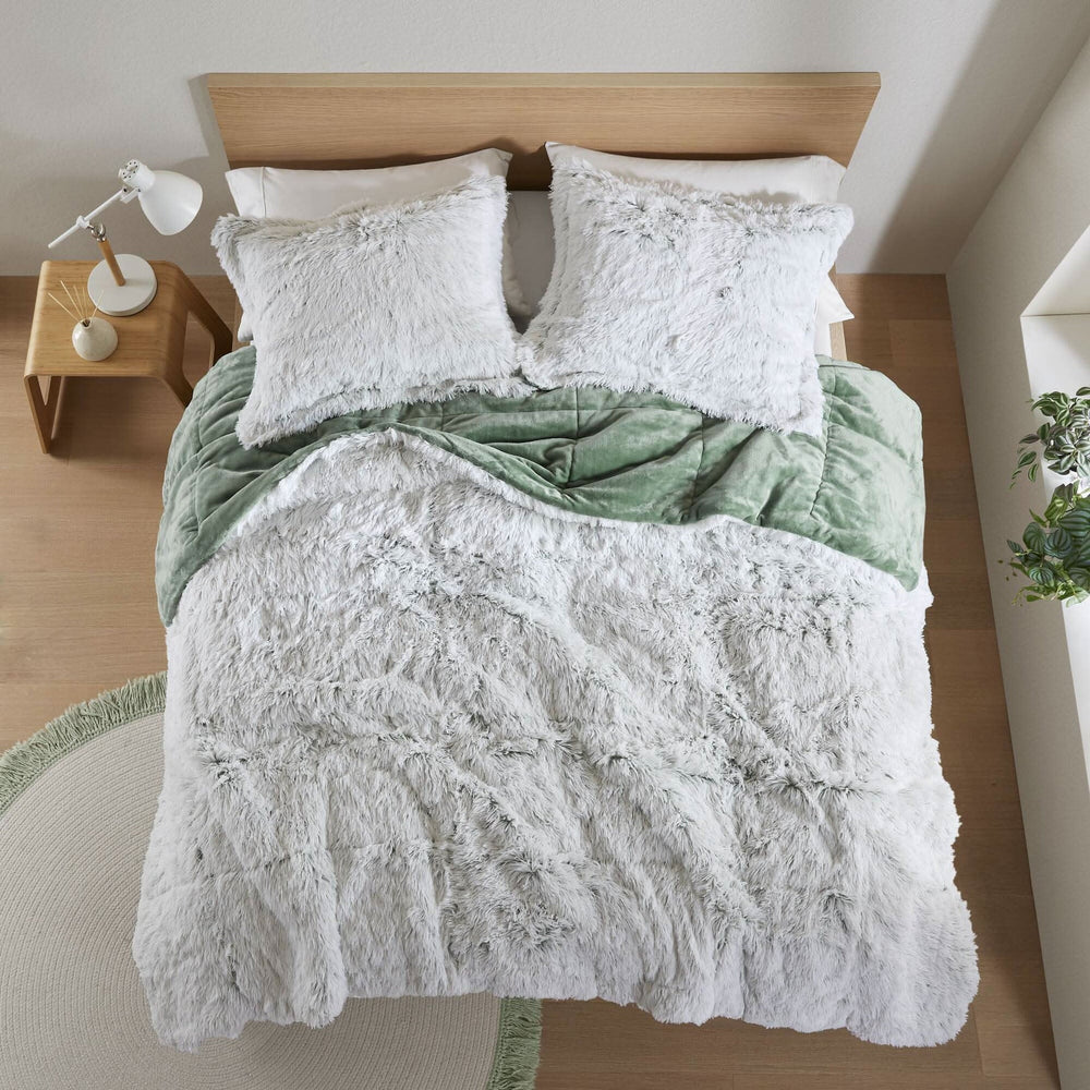 Faux Fur Comforter Set Shaggy Twin XL Green & White Cozy Bedding For Home Decor Accent Media 13