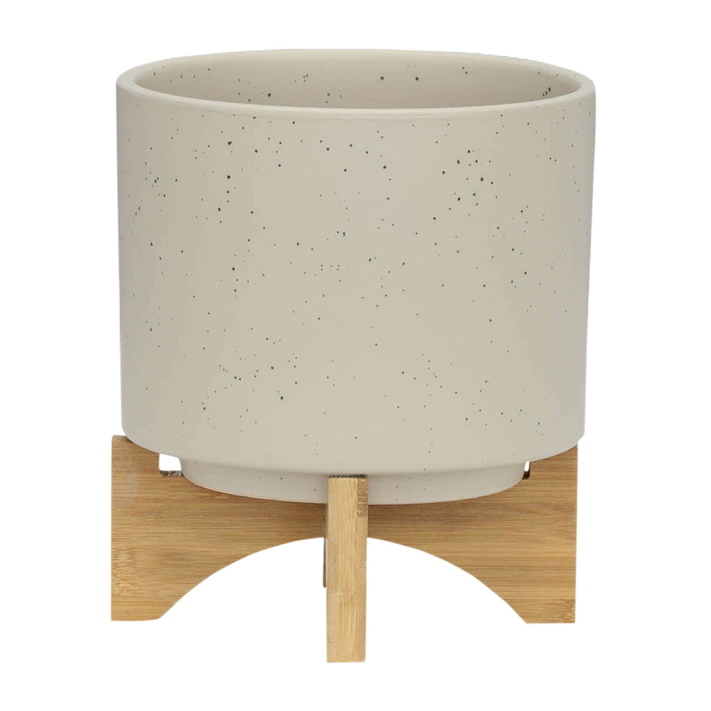 S/2 5/8' PLANTER W/ WOOD STAND, MATTE BEIGE Media 2