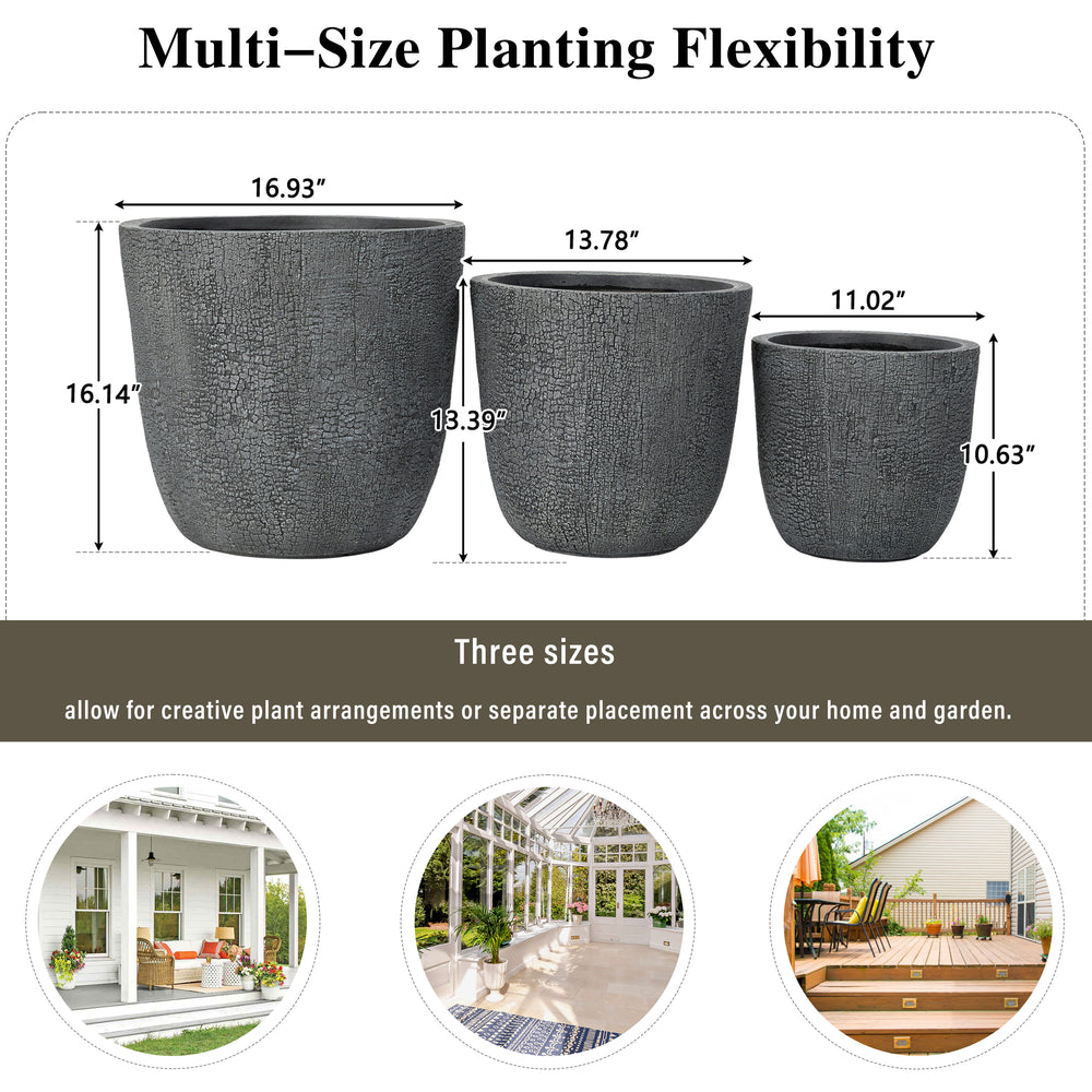 U_STYLE Lightweight MGO Planter Set of 3,16.93'+13.78'+11.02' Dia Round Concrete Stackable Flower Pots with Drainage Holes and Rubber Plug,Crackle Stone Texture for Patio Garden Balcony Indoor Outdoor Media 8