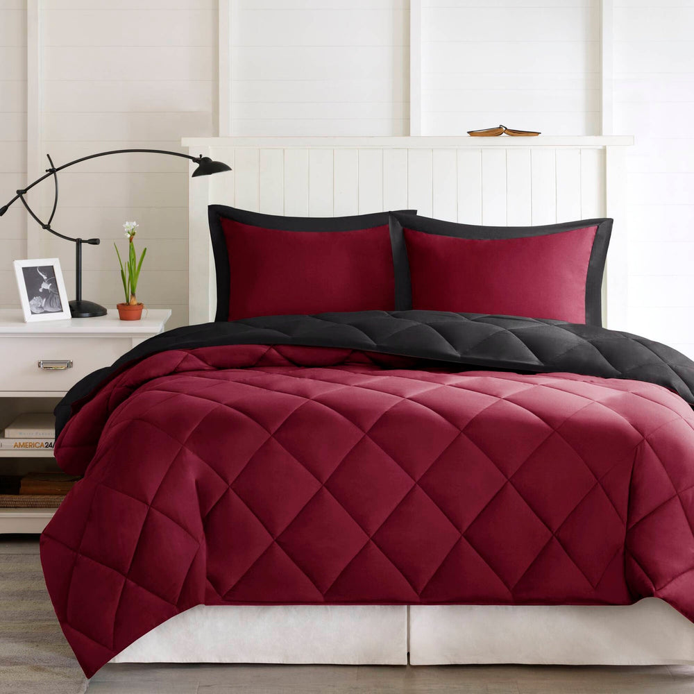 3 Pieces King/Cal King 3M Scotchgard Diamond Quilting Reversible Down Alternative Comforter Set,Red+Black Media 1