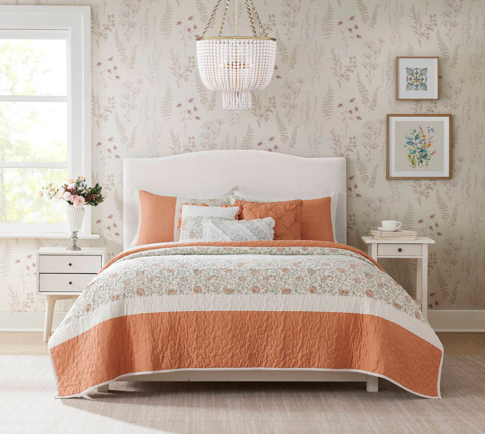 6 Piece Cotton Percale Quilt Set with Throw Pillows Coral Full/Queen Media 14