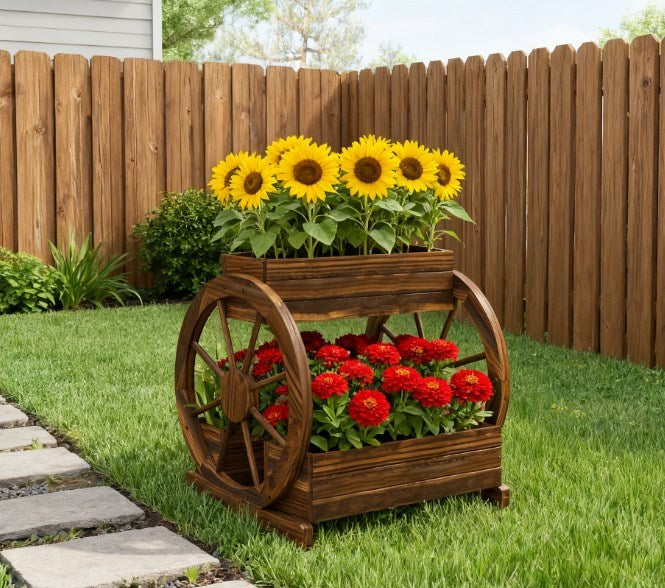 Outdoor Planter,Wooden Wagon Planter Box,3-Tier Raised Garden Bed,for Vegetables Flowers Herbs Media 8
