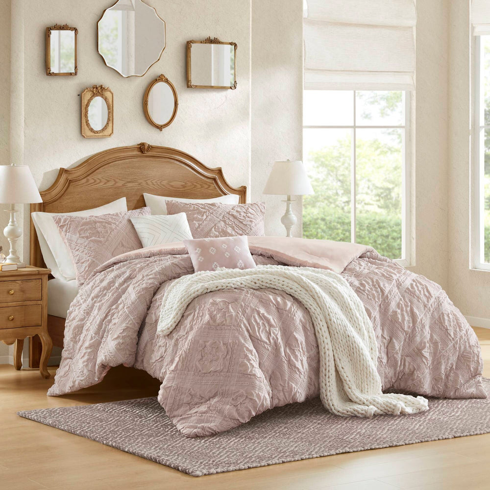 5-Piece King 5 Piece Sculpted jacquard comforter set,Pink Media 19