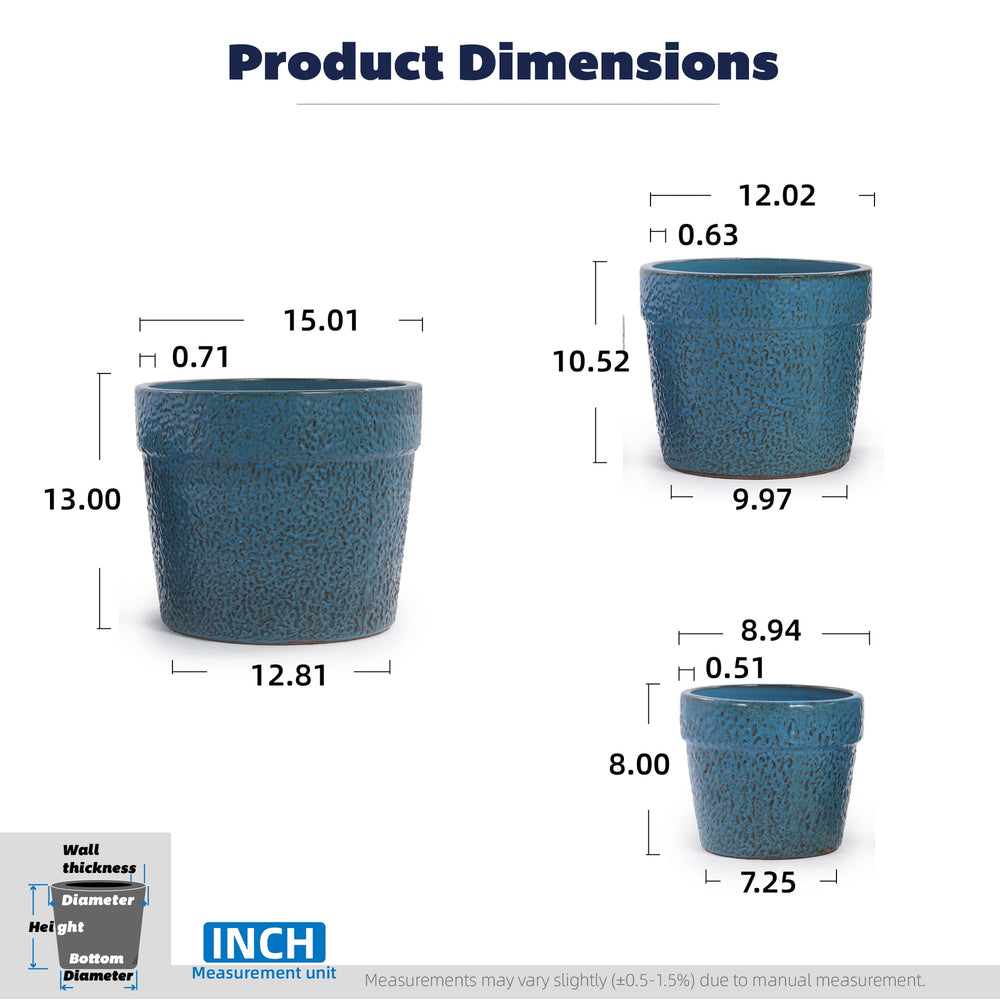 Handmade Ceramic Planter Set of 3, 15/12/9 Inch Diameter, Blue Textured Pattern, for Succulents & Indoor Plants, Windowsill & Bookshelf Use, Breathable Clay Media 5