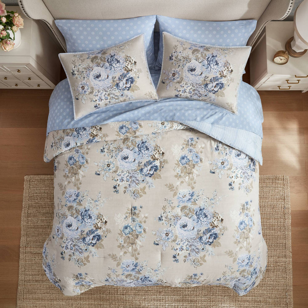 7-Piece Full 7 Piece Vin -inspired Collection floral print,Beige/Blue Media 21