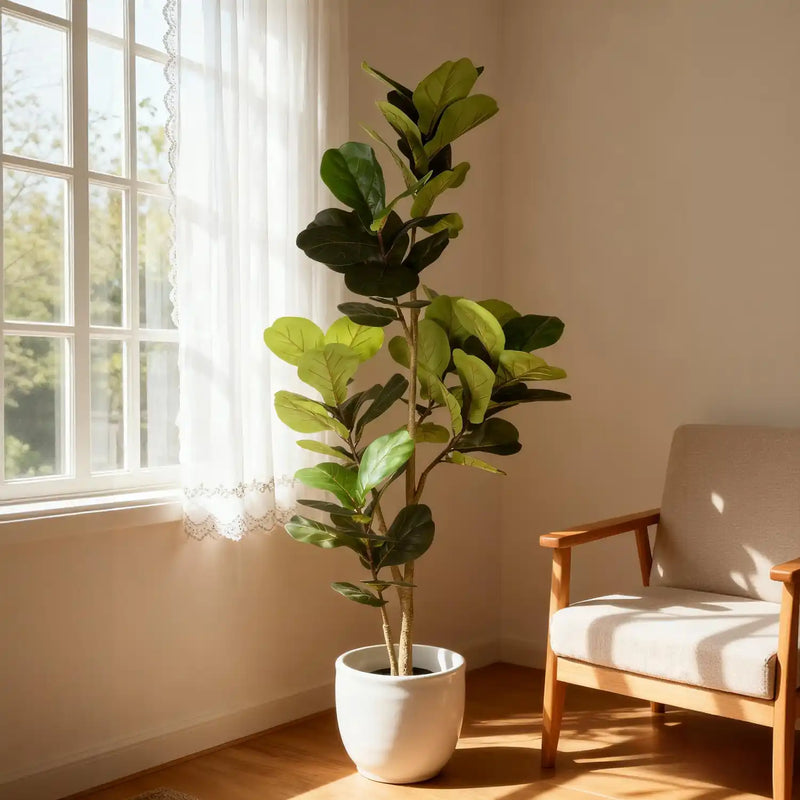 6FT Real Touch Fake Fiddle Leaf Fig Tree in Black Plastic Pot with Green Fabric Leaves, Indoor Decor for Home Office Living Room Corner