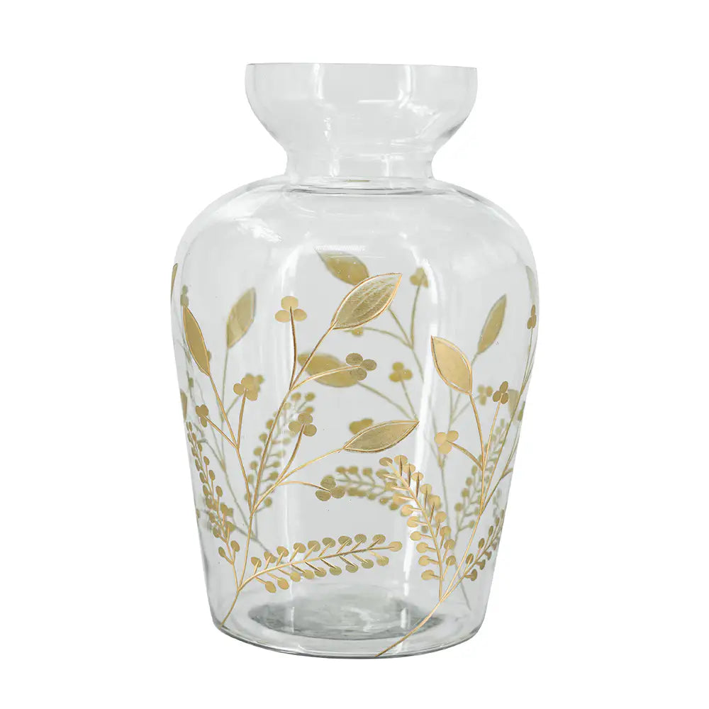 26928875 D7.9x12.6' Curved Glass Accent Vase with Gold Floral Motifs     DTY Store Curved Glass Accent Vase with Gold Floral Motifs     DTY Store