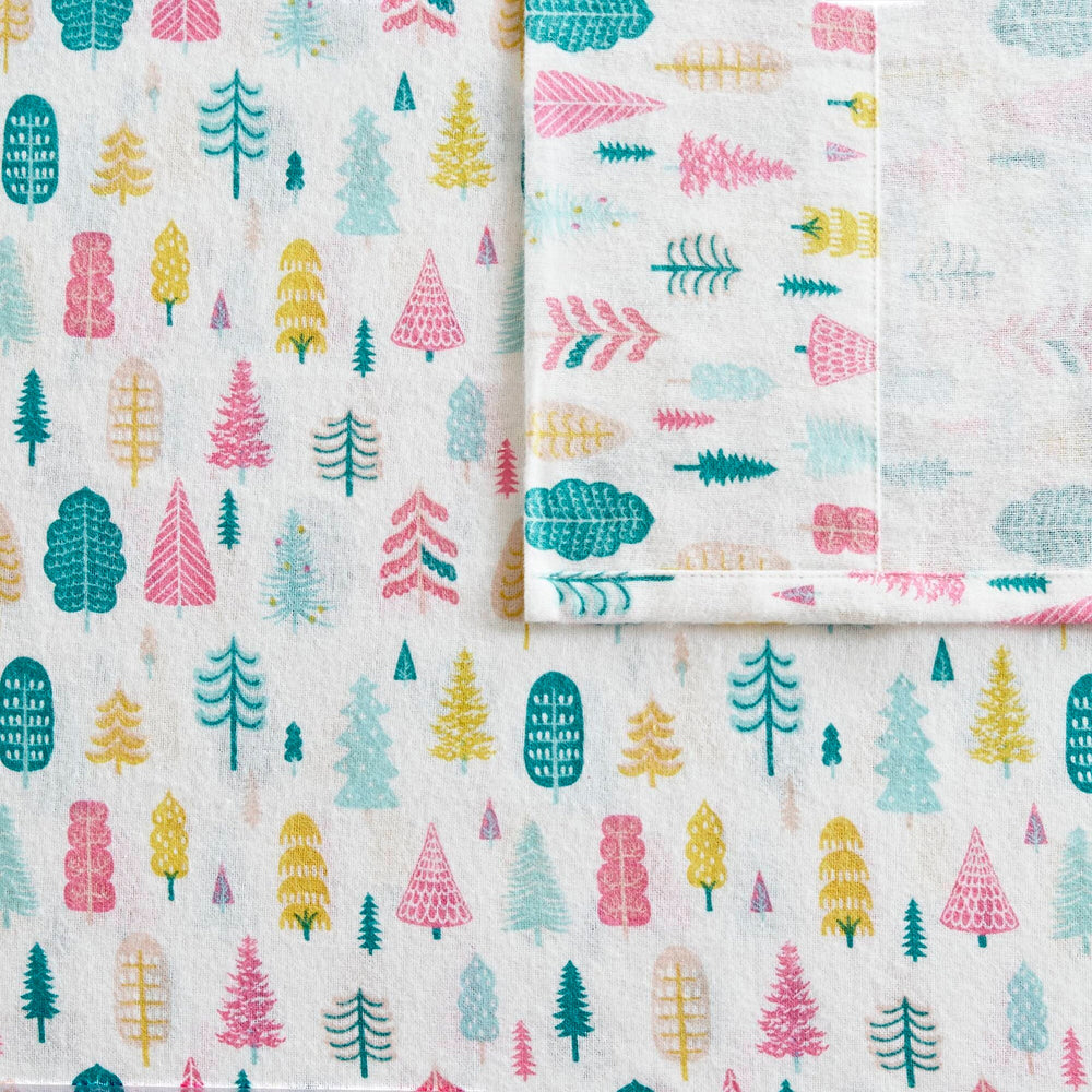 4 PCS Queen Cotton Printed Sheet Set White Holiday Trees Media 16