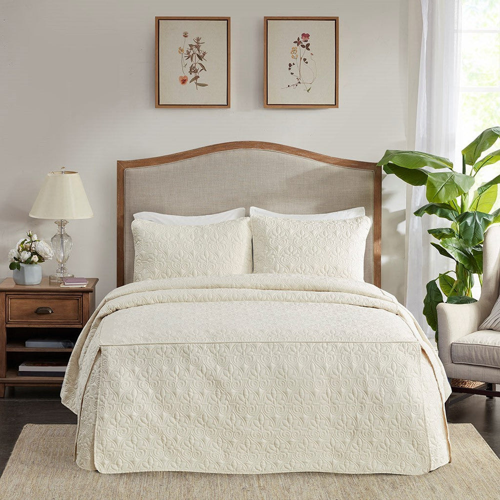 3 Piece Split Corner Pleated Quilted Bedspread Cream Queen Media 8