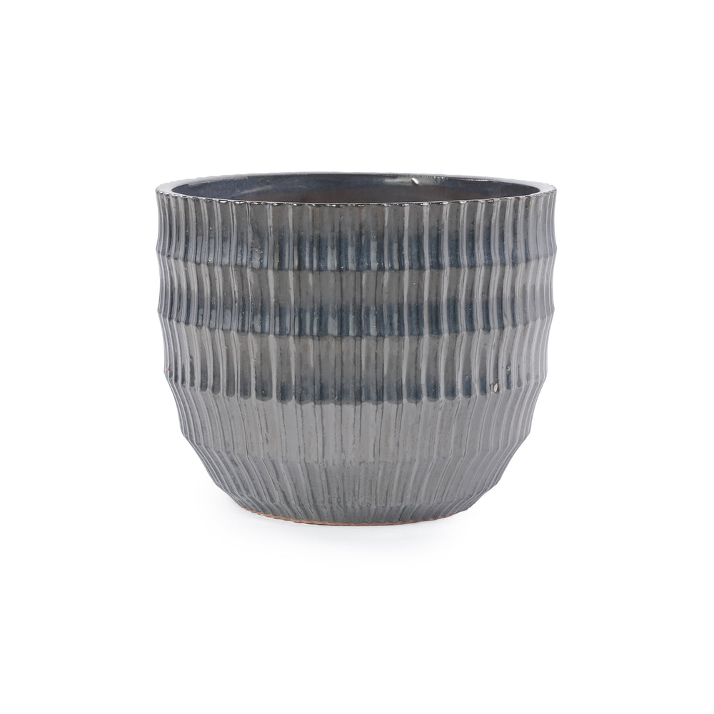 Handmade Matte Metallic Charcoal Gradient Glaze Ceramic Planter Set of 4, 7/9/12/14 Inch, Horizontal Grooves, Indoor & Outdoor Herb Succulent Pots, Breathable Clay with Drainage Holes Media 9