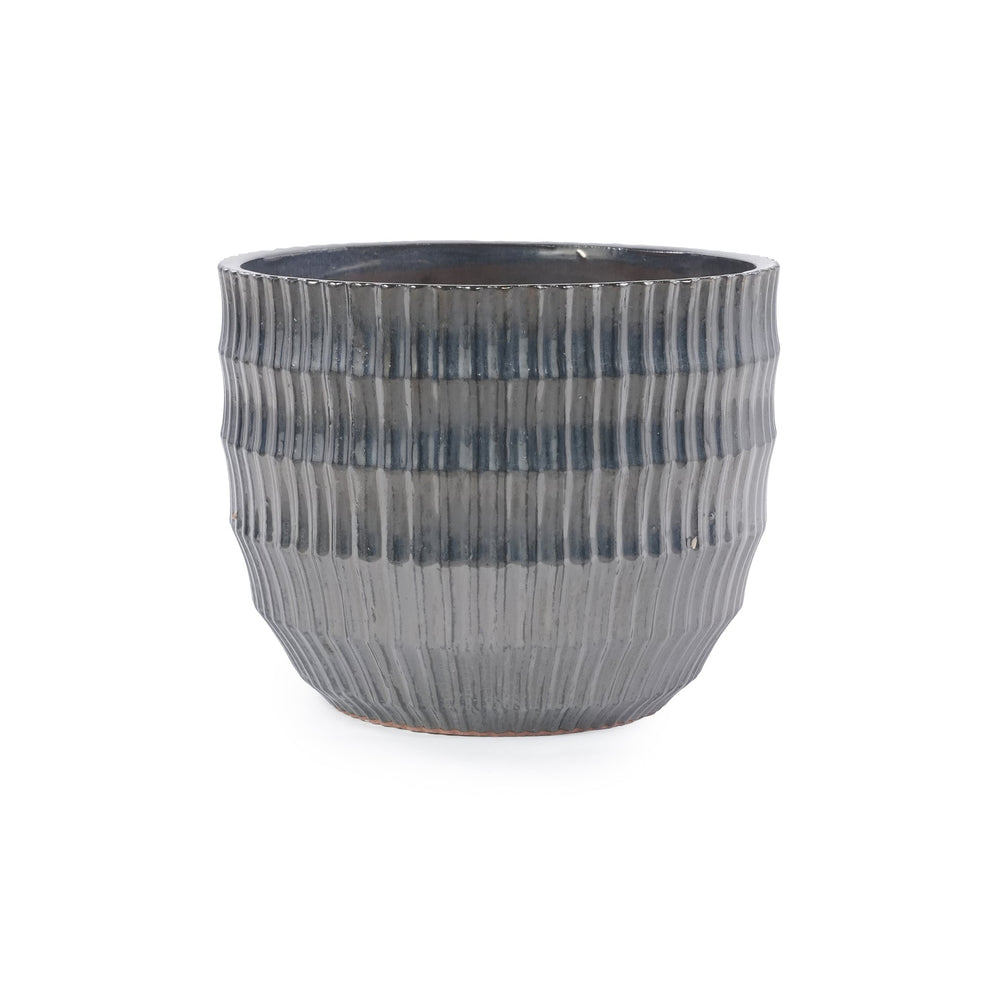 Handmade Matte Metallic Charcoal Gradient Glaze Ceramic Planter Set of 4, 7/9/12/14 Inch, Horizontal Grooves, Indoor & Outdoor Herb Succulent Pots, Breathable Clay with Drainage Holes Media 9