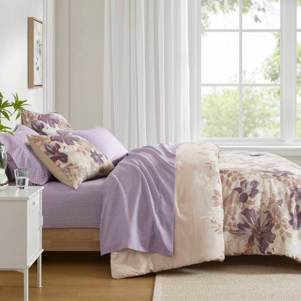 Floral Comforter Set with Bed Sheets Taupe Cal King Media 9