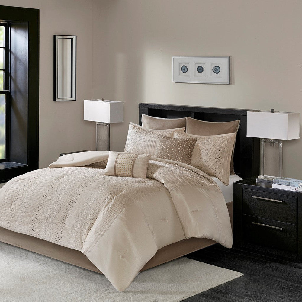 8 Piece Embroidered Comforter Set Natural Queen Media 1