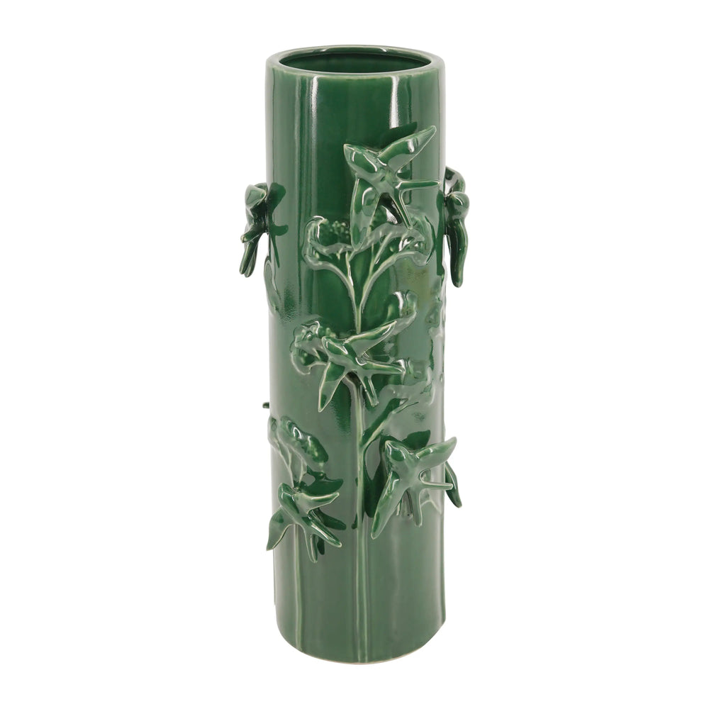 26929370 D5.7x14.8' Tall Green Ceramic Vase with Sculpted Birds and Vines Design     DTY Store Tall Green Ceramic Vase with Sculpted Birds and Vines Design     DTY Store