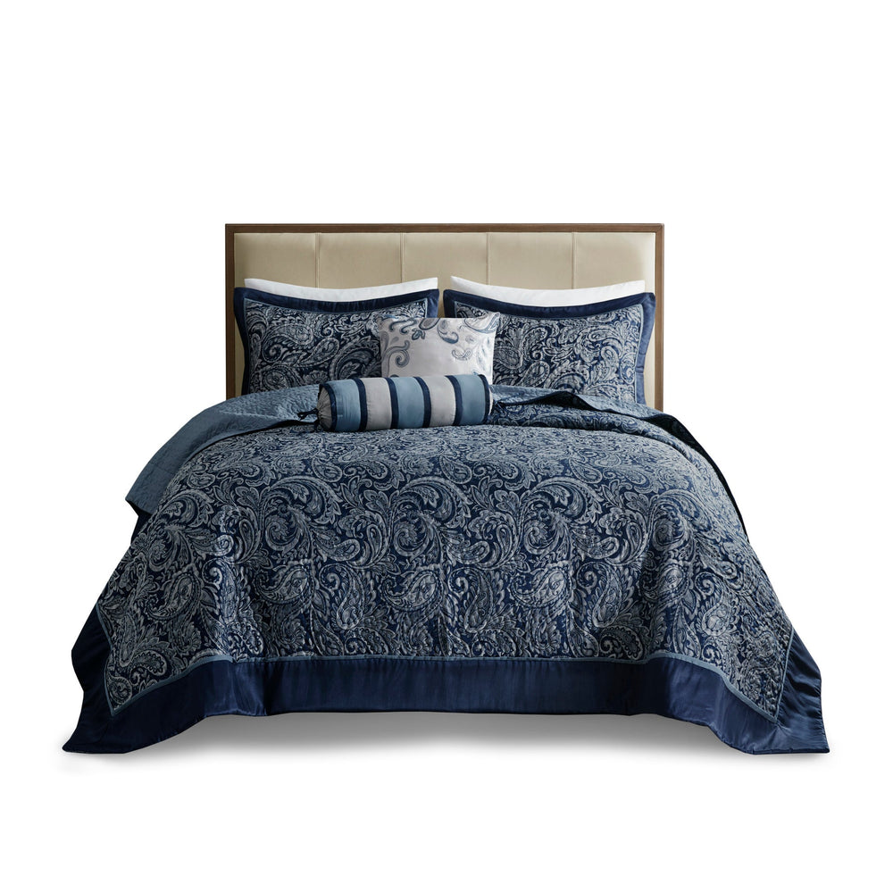 5 Piece Jacquard Bedspread Set with Throw Pillows Navy Queen Media 6