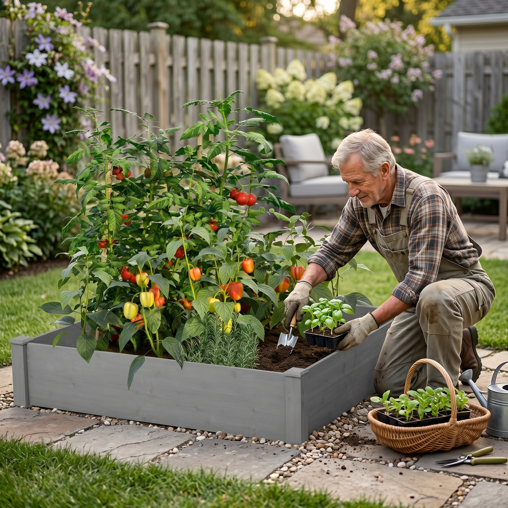 Raised Garden Bed 48x48x10'', Outdoor Wood Planter Box Over Floor, Tool-Free Assembly Media 1