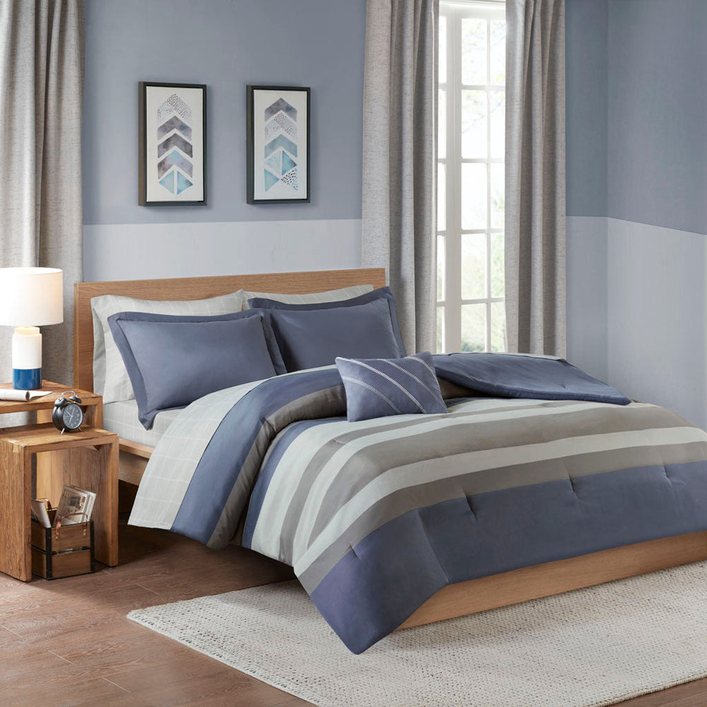 Queen Striped Comforter Set with Bed Sheets Media 1