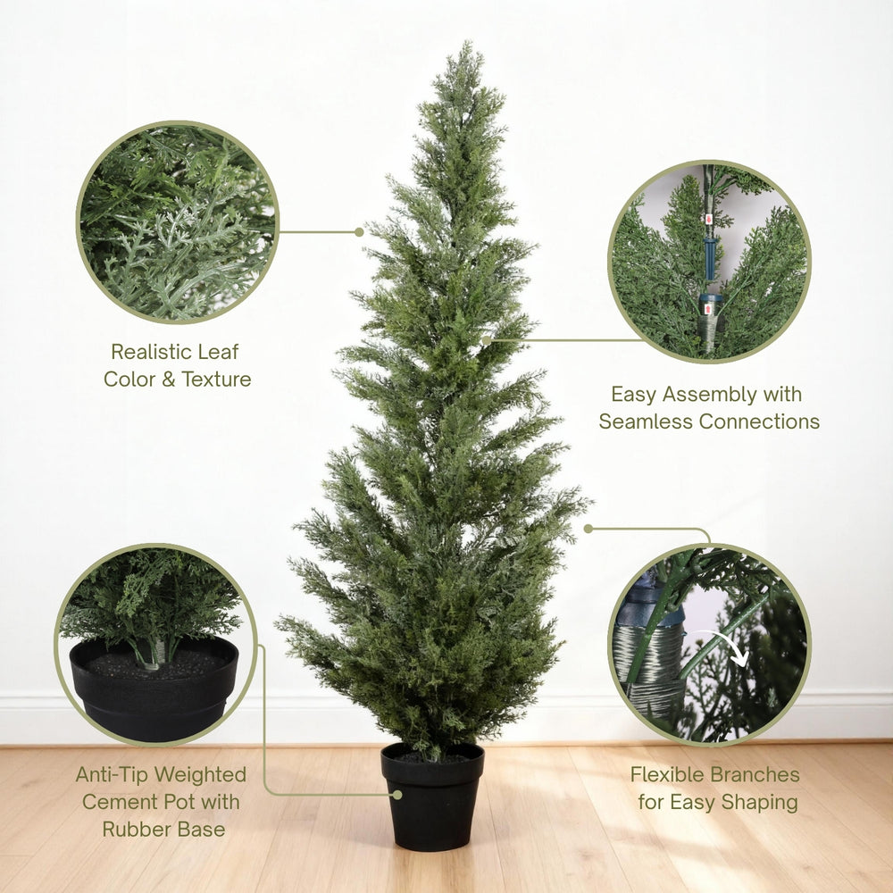 Realistic Artificial Cypress Tree in Black Plastic Pot, UV Resistant Green Fabric Leaves, 60-Inch Indoor Outdoor Topiary Plant for Garden or Entryway Decoration Media 10