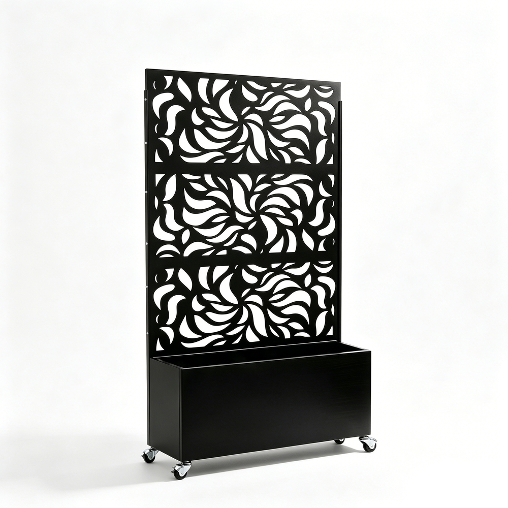 70.87' H × 46.06' W Leaf Pattern Privacy Screen with Planter Box, Black Metal Freestanding Decorative Fence Planter for Patio Balcony Backyard Media 1