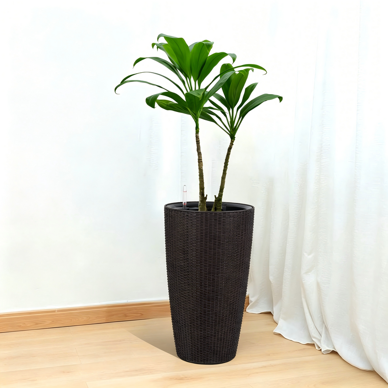Faux Rattan Tall Planters Set of 2 with Water Level Monitor and Automatic Watering, Brown, 22 Inch