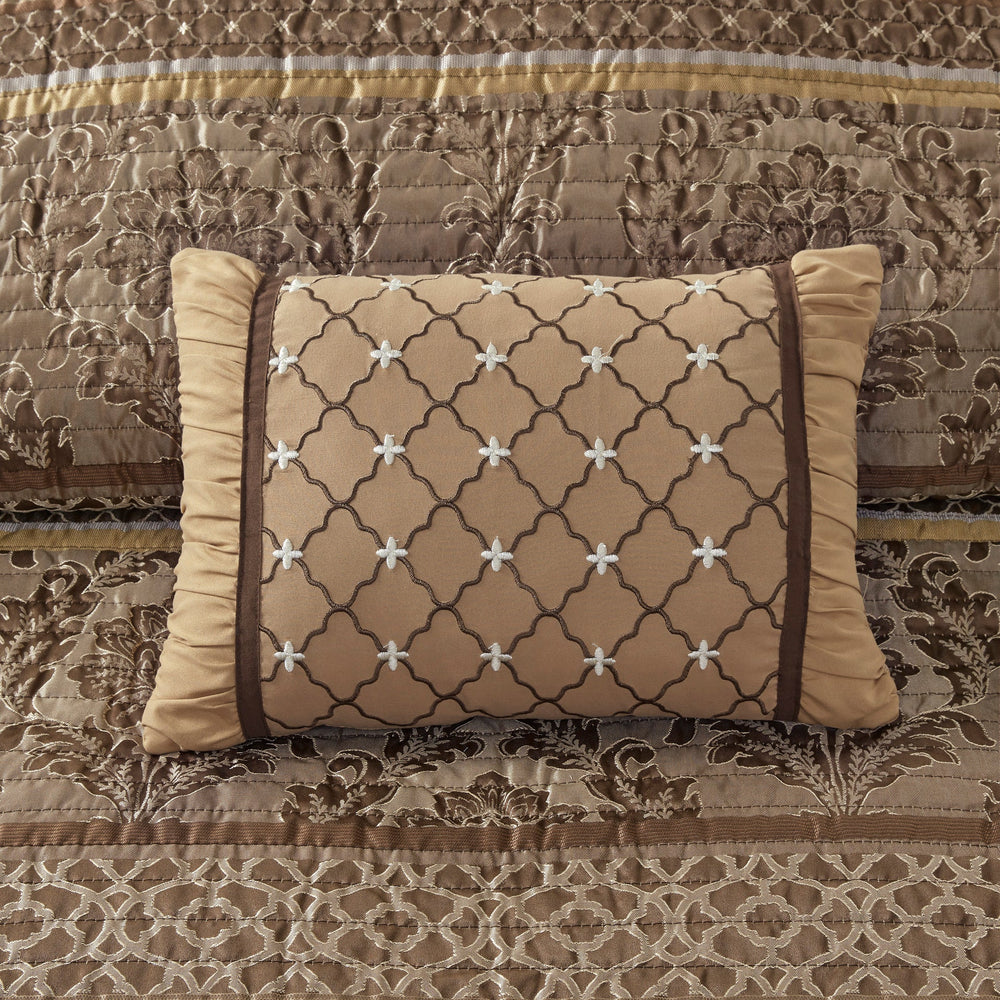 6 Piece Jacquard Quilt Set with Throw Pillows Brown/Gold Full/Queen Media 9
