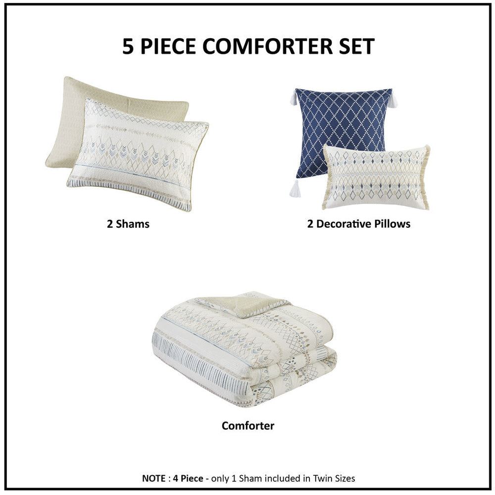 5 Piece Printed Seersucker Comforter Set with Throw Pillows Taupe/Blue Full/Queen Media 5