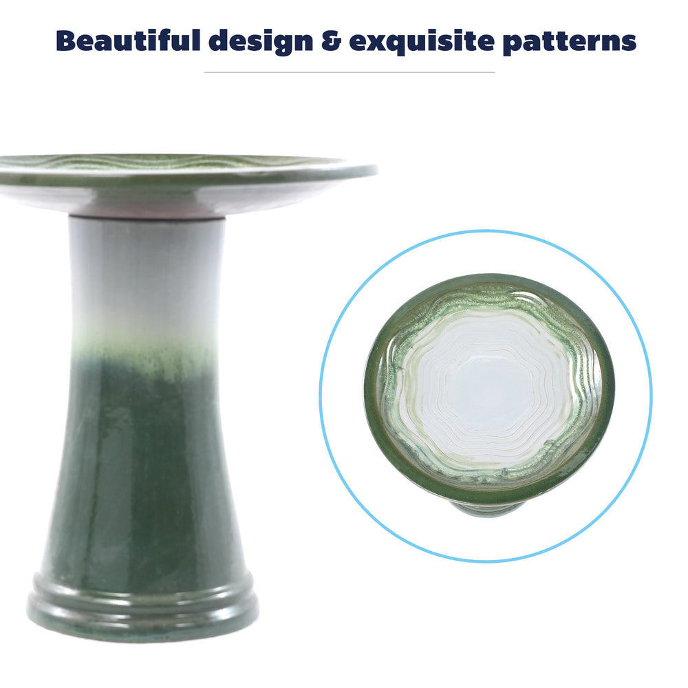 Handmade glazed ceramic bird bath, 17' concentric ripple embossed tray & 18' pedestal base, white to sage green ombre gradient glaze outdoor bird feeder for yard, lawn, patio & backyard Media 6