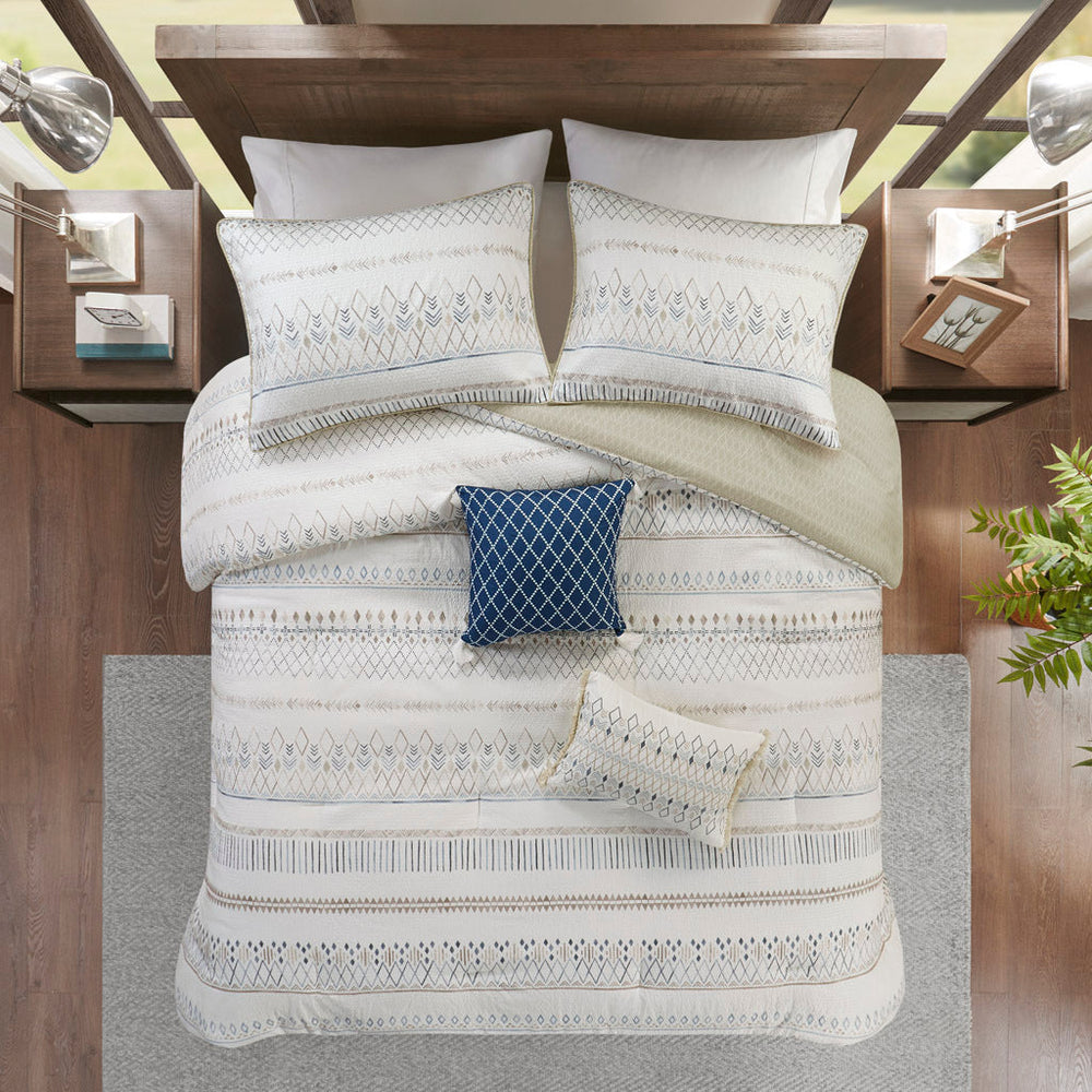 5 Piece Printed Seersucker Comforter Set with Throw Pillows Taupe/Blue Full/Queen Media 14
